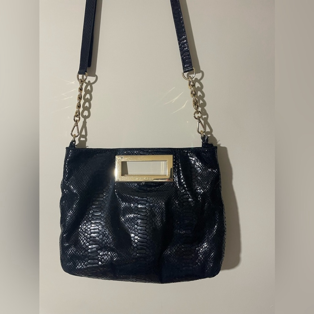 Michael Kors Black Snake-Embossed Leather Shoulder Bag Gold Evening Crossbody - Picture 2 of 8